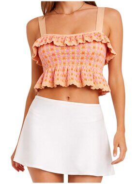 Zara Crochet Ruffle Crop Tank Pink Orange Smocked S